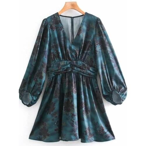 Za Vintage 2020 Women Dress Spring Fashion Floral Print V-Neck Party Mini Dress Long Sleeve A-Line Elegant Vestidos Mujer