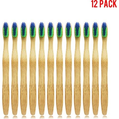 12 Pack Bamboo Toothbrush Wood Toothbrush soft-bristle Waved Style Blue&Green Adult Toothbrush