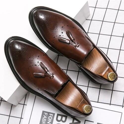 2020 Men Dress Shoes Genuine Leather Brogue Shoes Man Business Casual Leather Oxford Shoes Dance Party Wedding Formal Shoes Male