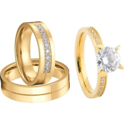 3pcs 18k Gold Plated Wedding Engagement Rings Set for Men And Women Lovers Couple Ring Titanium Marriage Anniversary Gift