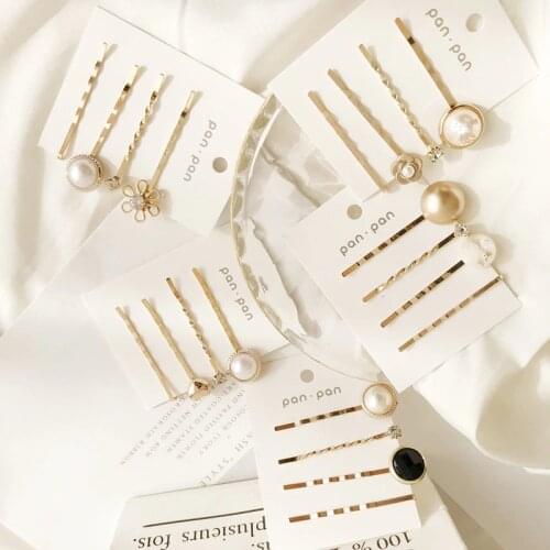 4PCS/set Women Vintage Metal Imitiation Geometric Pearl Hairpins Flower Shape Hair Clips Gold Crystal Hair Accessories T0540