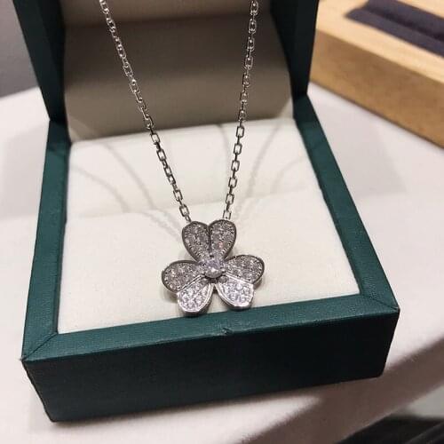 925 Sterling Silver Jewelry For Women 3 Leaf Neckalce Flower Pendant cz Luck Clover Sakura Wedding Party choker