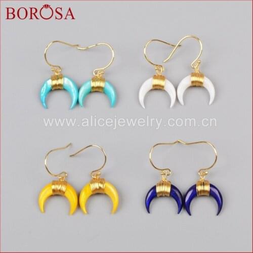 BOROSA 5pairs New Druzy Drop Earring Wire Wrap Double Horn Gold color Drusy Dangle Earrings Jewelry Free Shipping G1123-E