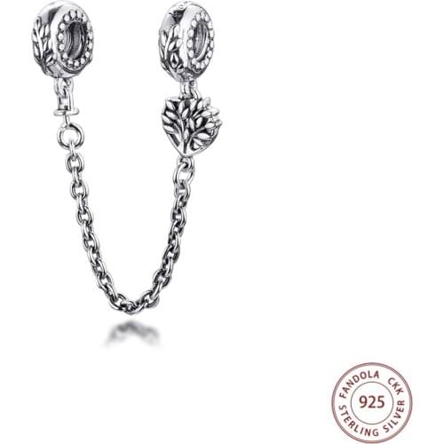 Fit Pandora Bracelet Heart Family Tree Safety Chain Charms 100% 925 Sterling Silver Clear CZ Beads DIY Jewelry Making 2021 New