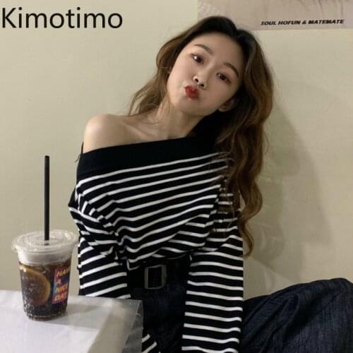 Kimotimo Slash Neck Sweater Tops Women Longn Sleeve Stripe Off Shoulder Elegant Sexy 2021 Spring Korean Sweet Tops Casual