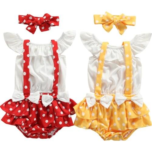 0-24 M Summer 3Pcs Baby Girls Outfits Ruffle Tops + Polka Dots Suspender Shorts + Headband Set Sweet Red Yellow Skin-Friendly