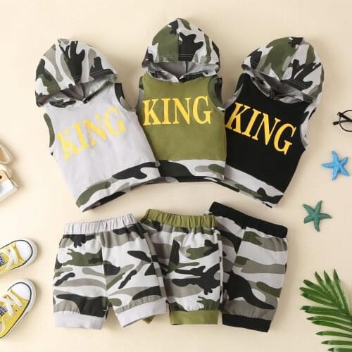 Boy Clothing Set Summer Hoodie Sleeveless Camo Camouflage Golde Letter KING +Shorts Pant Kids Tracksuit Outfit Clothes Set
