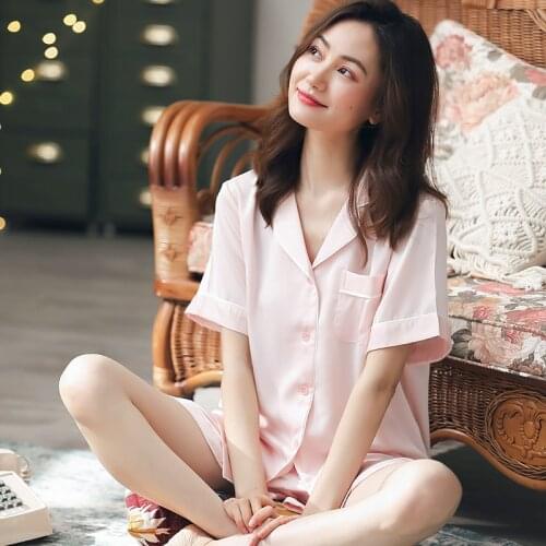 Women Summer Short Pajamas Sets 2PCS 2021 Lounge Sleepwear Bedgown for Ladies Pyjama Homewear Solid Pink PJ Slumber Wear Pijamas