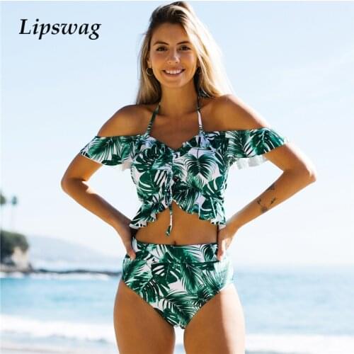 2021 Sexy Two Piece Swimsuit Push Up Swimwear Women Ruffle Monokini High Waist shoulders Print Bikini Beachwear Bathing Suit XL