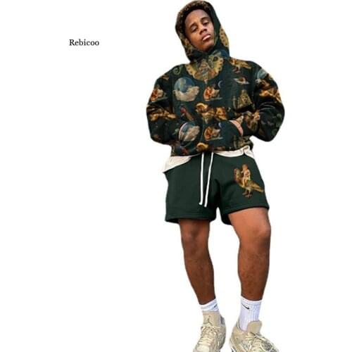 Fashion Mens 2Pc Set Vintage Pattern Printed Hoodies Men Shorts Outfits Long Sleeve Hoodie Hipster Streetwear Autumn New