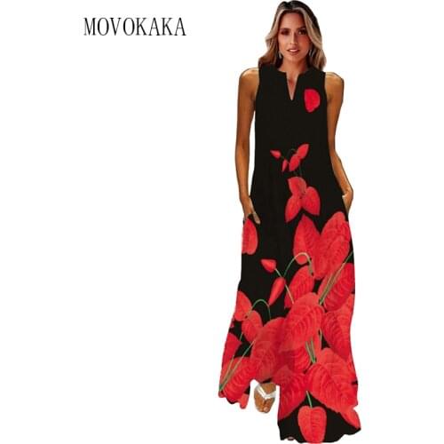 MOVOKAKA Fashion Dress 2021 Beach Casual Sundress Sleeveles Maxi Dresses Summer Plus Size Long Dress Robe Vintage V Neck Dresses