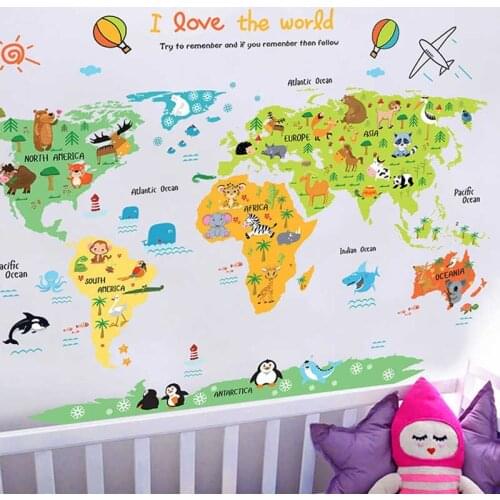 Cartoon Safari Animals World Map Nursery Wall Stickers for Kids Room Decoration Letters Global Maps PR Sale