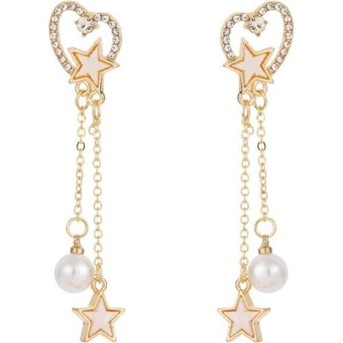 New Jewelry Heart Shaped Star Tassel Long Earrings Imitation Pearl Long Tassel Womens Earrings Aretes De Mujer