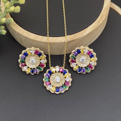 Lanyika Fashion Jewelry Set Blooming Flower Zirconia Micro Pave Necklace with Earrings for Women Wedding Banquet Best Gifts