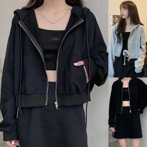 Coats Women Jackets Autumn Solid Color Polyester Long Sleeve Zipper Pocket Coat Short Hoodie Crop Top женская куртка 2021