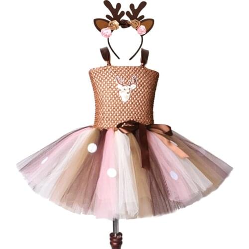 Brown Deer Tutu Dress for Girls Christmas Halloween Costume Kids Reindeer Princess Dresses Knee-length Xmas Childrens Clothes
