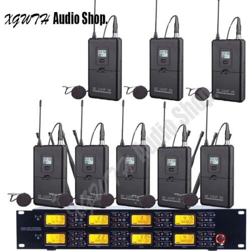 Professional UHF Wireless Lavalier Lapel Collar Clip-on Microphone System 4 or 8 Mic 1 Wireless Receiver Cable LCD Display
