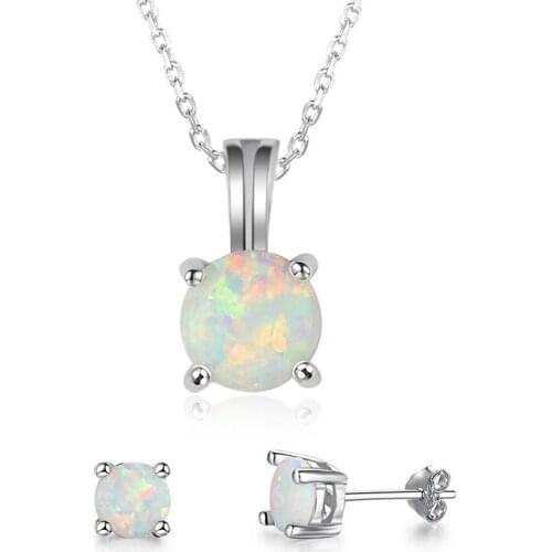 Simple Round White Imitation Fire Opal Pendant Necklace With Earrings Jewelry Set For Women Accessories Lovers Gift