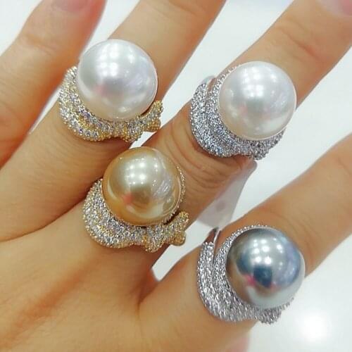 Blachette Morocco Luxury Fashion Charm Big Pearl Ring for Women Cubic Zircon Finger Rings Bohemian Dubai Jewelry Bridal Wedding