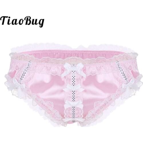 TiaoBug Men Soft Shiny Satin Briefs Ruffle Floral Lace Satin Sissy Panties Lingerie Low Rise Stretchy Hot Sexy Men Gay Underwear