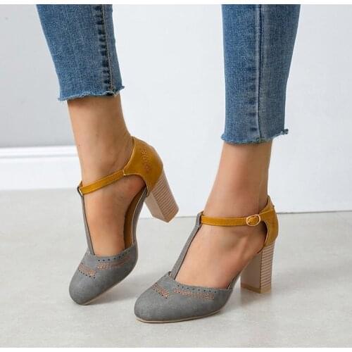 Miaoguan Summer Women Pumps Square Heel High Shoes Ladies Platform Round Toe T-tied Wedding Dress Mujer Zapatos Shoes for Women