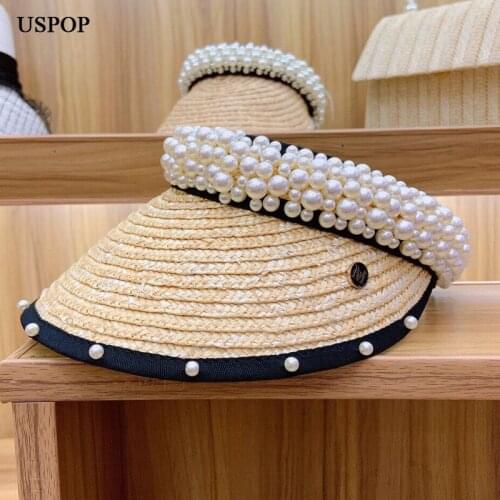 USPOP 2021 New Summer Sun Hats Women Hand-made Pearl Straw Beach Hats Sun Visor