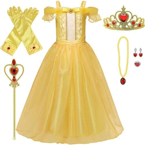Yellow Girls Princess Costume For Kids Birthday Baby Dress Belle Halloween Party Cosplay Dress Up Children Princess Gold Dress