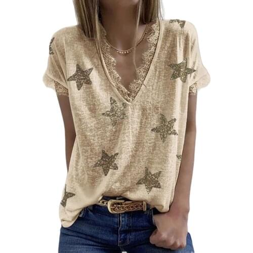 2021 New Womens Summer Hot Selling Good Quality Fashion Five-Pointed Star Print Lace V-Neck Short-Sleeved T-Shirt Top
