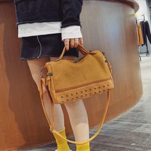 Women Bag Autumn Winter PU Bucket Rivet Vintage Patchwork High-Capacity Shoulder Bags Handbag Women Messenger Bags