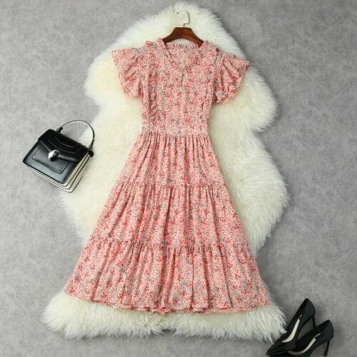 Sweet Floral Dress 2021 Summer Womens V-Neck Flying Sleeves Slim Waist Mid-Calf Length Chiffon Dresses S-XL