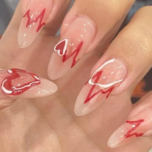 24Pcs French Almond Electrocardiogram Fake Nails Simple Heart Nails Ladies Press On Designed False Nails Tips Full Cover Nail