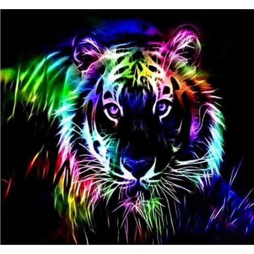 5D Diy Diamond Painting Cross Stitch Tiger Under Colored Lights 3D Diamond Embroidery Full Round Mosaic Decoration Resin Sticker
