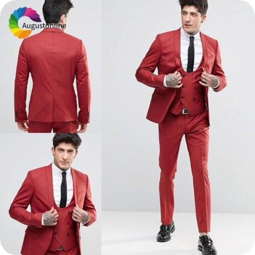 Burgundy Men Business Suits Double Breasted Vest Slim Fit Groom Tuxedo Terno Masculino Costume Homme Prom Wear 3Piece Jacket