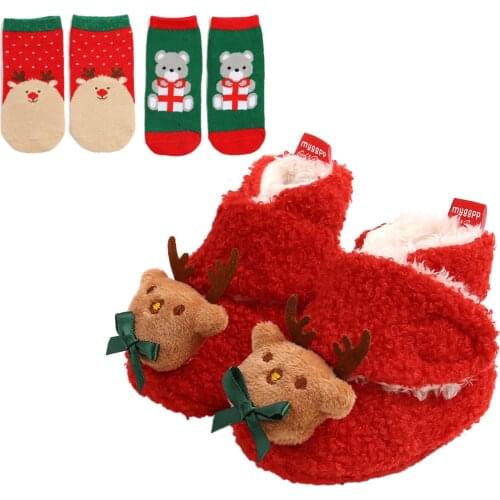 Baby Christmas Booties and Socks Set Winter Warm Fleece Ankle Crib Shoes and Socks 3 Piece set Xmas Gift For Kids
