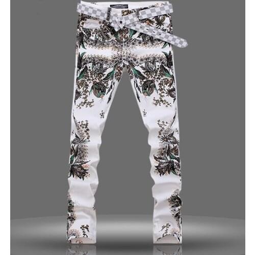 Mens Flower 3D Printed Jeans Male Coloured drawing Paiting Pants Fashion White Skinny Stretch Cotton Denim High Quality