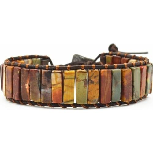 Natural Tube Stones Hand Waving Bracelets Bangle for Women Handmade Cuff Bangles Genuine Leather Wrap Bracelets for Girls Color