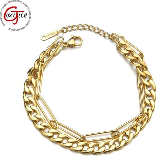 Goxijite Fashion Double Layer Bracelet For Women Stainless Steel Gold Color NK Chain Simple Adjustable Bracelets