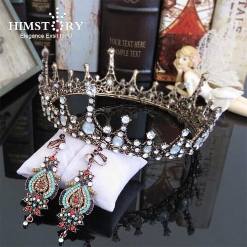 HIMSTORY Vintage Baroque Hair Accessories King Queen Prom Tiaras Men Crowns Full Round Circle Wedding Bridal Crown Earrings set