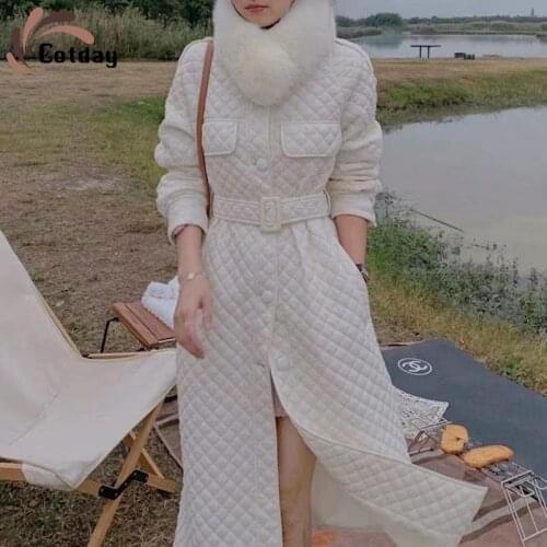 Cotday Long Single Breasted Loose Korea Women Belt Quilted Jacket Diamond Lattice 2021 New Wenter Warm Temperament Parka Coat