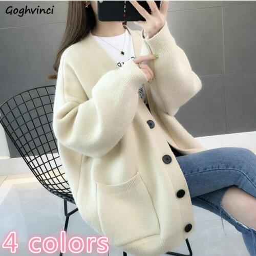 Cardigans Women Autumn Solid Thicker Warm V-neck Pockets Loose Womens Sweater Ins Simple All-match Knit Tops 4-colors Korean New