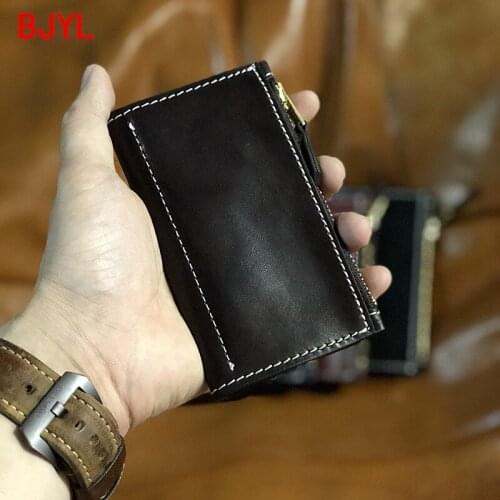 Leather Mini Purse Key Case Thin Coin Purse Copper Key Chain Bag Hand Stitched Head Layer Cowhide 2020 New Original Men Women