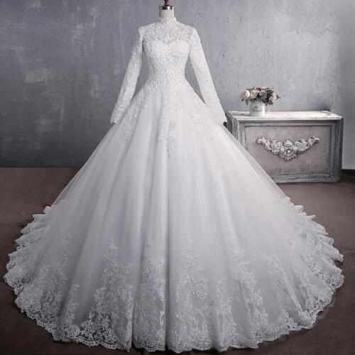 Muslim Wedding Dress 2021 New Luxury Lace Full Sleeve Sweep Train Lace Up Ball Gown Princess Vestido De Noiva Robe De Mariee