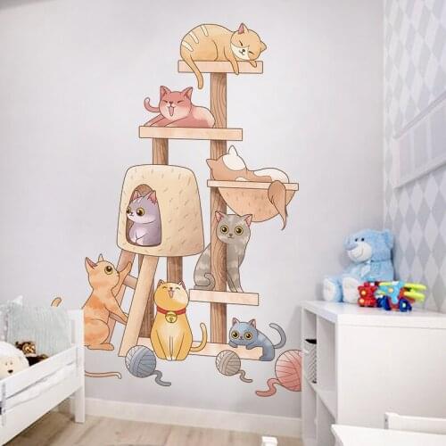Cats Animals Wall Stickers DIY Cartoon Wooden Shelf Wall Decals for Kids Room Baby Bedroom Nursery Home Decoration Accessories