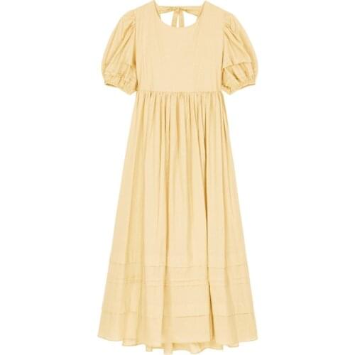 PERHAPS U Green Yellow Vintage O Neck Short Sleeve Midi Dress Women Loose Korean Style Solid D1812
