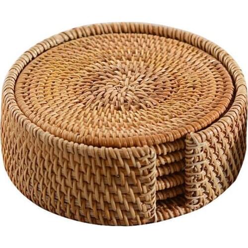 6pcs Handmade Woven Rattan Cup Coasters With Basket Non-slip Placemat Tea Trays Coffee Mugs Table Mat Pot Pad Cushion Tableware