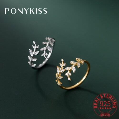 PONYKISS Trendy S925 Sterling Silver Leaves Flower Zircon Open Adjustable Ring for Women Fine Jewelry Accessory Party Gift
