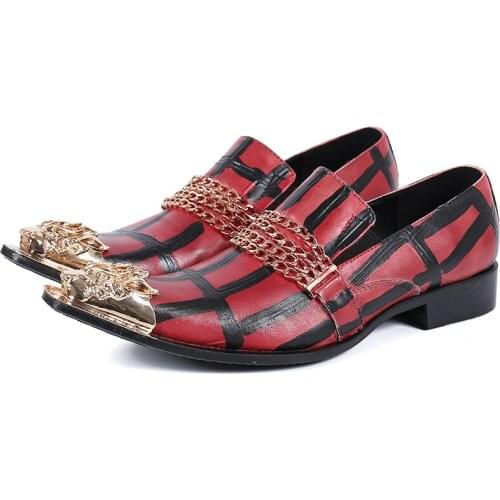 Luxury Metal Pointed Toe Chain Men Flat Party Blazer Shoes Male Large Size Business Wedding Formal Shoes Fashion Men