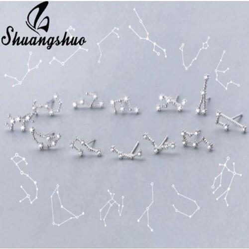 Shuangshuo Vintage Fashion 12 Constellation Aries Taurus Stud Earring Women 925 Sterling Silver Star Earrings Wedding Jewelry