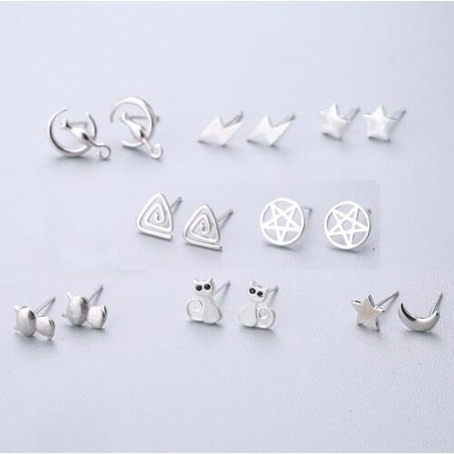 Real 925 Sterling Silver Jewelry For Women Star Moon Cat Earring Stud Small Stud Earring For Girls Dropshipping