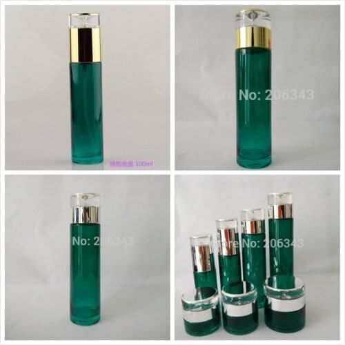 100ml green glass bottle with gold/silver pump/lid for lotion/emulsion/serum/foundation/whitening skin care cosmetic packing